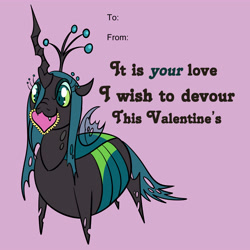 Size: 6000x6000 | Tagged: safe, artist:solarwolf95, queen chrysalis, changeling, changeling queen, >:3, absurd resolution, changeling overfeeding, fat, mouth hold, nose wrinkle, pointy ponies, purple background, queen chrysalard, simple background, solo, valentine, valentine's day, valentine's day card