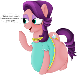 Size: 2172x2102 | Tagged: safe, artist:girlsvoreboys, spoiled rich, blushing, dialogue, grin, lidded eyes, open mouth, same size vore, simple background, smiling, stomach bulges, transparent background, vore