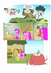 Size: 4961x7016 | Tagged: safe, artist:lost marbles, fluttershy, pinkie pie, earth pony, pegasus, pony, comic:discord's pet, absurd resolution, comic, corgi, dialogue, fat, fluttershy's cottage, hell corgi, implied discord, pet oc, phantom brave