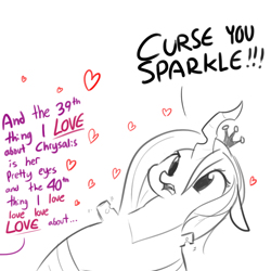 Size: 792x792 | Tagged: safe, artist:tjpones, queen chrysalis, twilight sparkle, changeling, changeling queen, angry, changeling feeding, changeling overfeeding, chubby cheeks, comic, dialogue, fat, female, funny, heart, hoist by her own petard, inflation, offscreen character, open mouth, partial color, queen chrysalard, short legs, simple background, single panel, sketch, tumblr, weight gain, white background, yelling