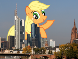 Size: 954x728 | Tagged: safe, applejack, earth pony, pony, city, derp, frankfurt, germany, giant pony, giantess, hatless, highrise ponies, macro, missing accessory, stock vector