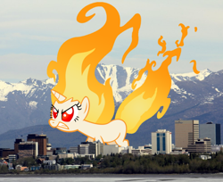 Size: 1128x920 | Tagged: safe, twilight sparkle, pony, alaska, anchorage, angry, city, fire, fire head, giant pony, giantess, highrise ponies, macro, mane of fire, ponies in real life, rage, rampage, rapidash, rapidash twilight, twizilla