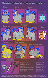 Size: 1024x1644 | Tagged: safe, artist:aleximusprime, oc, oc only, oc:faithful bond, oc:honor bound, crystal pony, dog, pony, unicorn, anvil, armor, belly, bhm, big belly, blacksmith, broken horn, chubby, cute, cutie mark, fat, female, food, hammer, large butt, male, mare, reference sheet, rule 63, shield, smithing, stallion, sword, war hammer, weapon