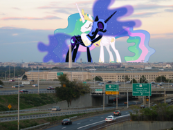 Size: 1000x750 | Tagged: safe, nightmare moon, princess celestia, alicorn, pony, city, giant pony, giantess, giantlestia, highrise ponies, hug, macro, ponies in real life, washington d.c., washington monument