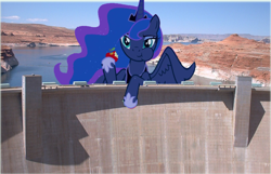 Size: 1078x696 | Tagged: safe, princess luna, alicorn, pony, apple, dam, eating, giant pony, giantess, highrise ponies, macro, ponies in real life, solo