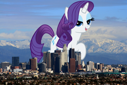 Size: 924x617 | Tagged: safe, rarity, pony, unicorn, california, city, giant pony, giantess, highrise ponies, los angeles, macro, ponies in real life