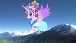 Size: 1000x576 | Tagged: safe, princess cadance, alicorn, pony, ceremonial headdress, giant pony, giantess, highrise ponies, macro, mountain, ponies in real life