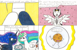 Size: 3391x2188 | Tagged: safe, artist:eternaljonathan, princess celestia, princess luna, oc, oc:nemo, alicorn, pony, comic:a new twist, badge, celebration, chubby, comic, confetti, cookie, fat, food, horn ring, royal sisters, science fiction, traditional art