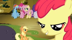 Size: 1280x720 | Tagged: safe, screencap, apple bloom, applejack, fluttershy, pinkie pie, rainbow dash, rarity, earth pony, pegasus, pony, unicorn, appletini, flutterguy, hairity, micro, out of context, rainbow crash, spitty pie