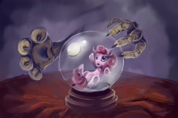 Size: 3000x2000 | Tagged: safe, artist:foxtailpegasus, discord, pinkie pie, earth pony, pony, friendship is witchcraft, crystal ball, in goliath's palm, inside, micro, trapped