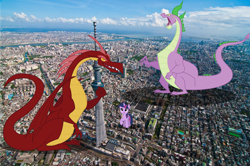 Size: 1280x850 | Tagged: safe, artist:hawk9mm, artist:silentmatten, artist:somerandomminion, artist:thatguy1945, basil, spike, twilight sparkle, dragon, kaiju, pony, .svg available, city, giant pony, giantess, macro, scenery, spikezilla, svg, tokyo, tokyo skytree, vector