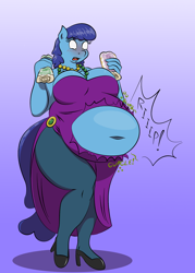 Size: 1280x1792 | Tagged: safe, artist:americananomaly, blueberry cloud, anthro, pegasus, plantigrade anthro, belly, belly button, big belly, bloated, embarrassed, fat, female, inflation, king cake, mardi gras, solo, stomach noise, stuffed, wardrobe malfunction