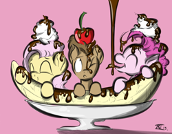 Size: 900x700 | Tagged: safe, artist:keentao, doctor whooves, fluttershy, pinkie pie, earth pony, food pony, original species, pony, banana, banana split, cherry, chocolate, food, foodplay, messy, micro, ponies in food, whipped cream