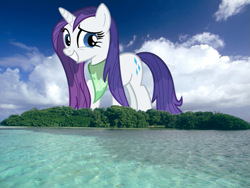 Size: 997x748 | Tagged: safe, rarity, pony, unicorn, giant pony, giantess, highrise ponies, island, macro, ponies in real life, solo, wet, wet mane, wet mane rarity