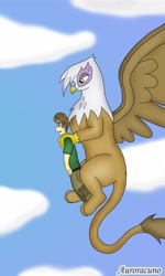 Size: 1836x3066 | Tagged: safe, artist:auroracuno, gilda, griffon, human, flying, macro