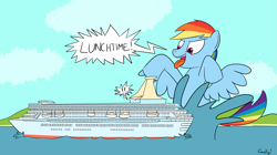 Size: 2237x1255 | Tagged: safe, artist:rapidstrike, rainbow dash, pegasus, pony, cruise ship, giant pony, giantess, implied vore, macro
