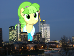 Size: 1000x750 | Tagged: safe, chickadee, ms. peachbottom, pony, frankfurt, germany, giant pony, giantess, irl, macro, photo, ponies in real life, skyline, solo