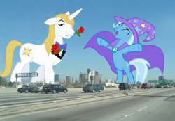 Size: 1000x696 | Tagged: safe, prince blueblood, trixie, pony, attack on pony, bluetrix, california, car, female, giant pony, highrise ponies, los angeles, macro, male, shipping, straight