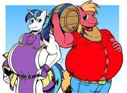 Size: 2049x1516 | Tagged: safe, artist:duragan, big macintosh, shining armor, anthro, armor, barrel, bbbff, belly, bhm, big belly, bigger macintosh, bipedal, cider, fat, male, moobs, musclegut, muscles, plump, shining blubber, tight clothing, weight gain