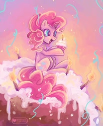 Size: 1024x1251 | Tagged: dead source, safe, artist:meownyo, pinkie pie, earth pony, pony, candle, confetti, cupcake, food, happy, micro, solo, streamers, torch