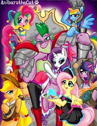 Size: 900x1165 | Tagged: safe, artist:anibaruthecat, derpibooru import, applejack, clover the clever, fluttershy, pinkie pie, rainbow dash, rarity, smart cookie, spike, twilight sparkle, unicorn twilight, dragon, earth pony, pegasus, pony, unicorn, applespike, armor, beefspike, book, boots, cape, clothes, cutie mark, dress, female, flutterspike, gem, harem, jester, long socks, maid, male, mane seven, mane six, pants, pinkiespike, plate, rainbowspike, shipping, shoes, socks, sparity, spike gets all the mares, straight, thigh highs, twispike