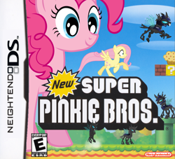 Size: 900x818 | Tagged: safe, artist:nickyv917, fluttershy, pinkie pie, changeling, pegasus, pony, box art, giant pony, giantess, macro, muffin, new super mario bros., nintendo, nintendo ds, parody, super mario bros., video game