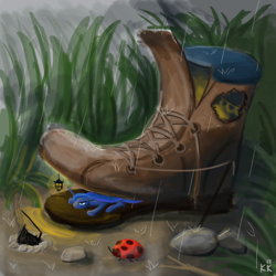 Size: 1000x1000 | Tagged: safe, artist:king-kakapo, princess luna, alicorn, ladybug, pony, campfire, characters inside shoes, floppy ears, frown, grass, lantern, micro, prone, rain, shoes, solo, tiny, unamused