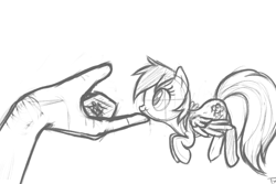 Size: 600x400 | Tagged: safe, artist:tex, rainbow dash, pegasus, pony, :t, cute, flying, hand, micro, monochrome, nose wrinkle, scratching, scrunchy face, smiling, spread wings