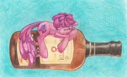 Size: 1000x604 | Tagged: safe, artist:dragonataxia, berry punch, berryshine, bottle, drink, micro, sleeping, solo, traditional art