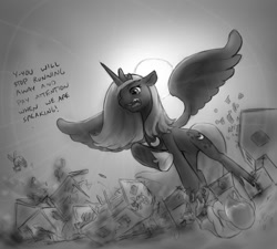 Size: 953x859 | Tagged: safe, artist:alloyrabbit, princess luna, alicorn, pony, backlighting, destruction, giant pony, macro, monochrome, s1 luna, traditional royal canterlot voice