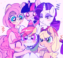 Size: 1115x1029 | Tagged: safe, artist:poneko-chan, applejack, fluttershy, pinkie pie, rainbow dash, rarity, twilight sparkle, alicorn, earth pony, pegasus, pony, unicorn, applejack's hat, birthday, blushing, cowboy hat, eyes closed, female, hat, mane six, mare, party hat, rainbow dash day, rainbow dash's birthday, simple background, smiling, white background