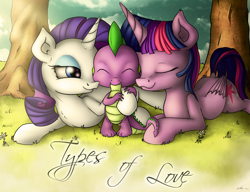 Size: 3640x2800 | Tagged: safe, artist:neko-me, derpibooru import, rarity, spike, twilight sparkle, twilight sparkle (alicorn), alicorn, dragon, pony, unicorn, bedroom eyes, cute, daaaaaaaaaaaw, eyes closed, fanfic art, female, fluffy, high res, hug, lucky bastard, male, mare, nuzzling, prone, rarilight, shipping, smiling, sparity, spike gets all the mares, spikelove, straight, tree, twisparity, twispike