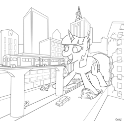 Size: 2014x1963 | Tagged: safe, artist:rapidstrike, twilight sparkle, pony, car, city, crushing, fetish, giant pony, giantess, imminent vore, lineart, macro, monochrome, omnivore twilight, ponies eating humans, solo, train, twipred