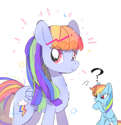 Size: 1235x1280 | Tagged: safe, artist:poneko-chan, rainbow dash, pegasus, pony, alternate hairstyle, confused, plushie, question mark, self ponidox, simple background, solo, white background