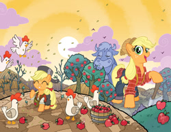 Size: 1000x771 | Tagged: safe, artist:tonyfleecs, applejack, chicken, cow, earth pony, pony, apple, applejack bunyan, axe, babe the blue ox, cover, filly, johnny appleseed, macro, paul bunyan