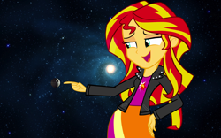 Size: 1920x1200 | Tagged: safe, sunset shimmer, equestria girls, clothes, death star, female, goddess, leather jacket, macro, skirt, solo, space, star wars