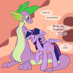 Size: 1000x1000 | Tagged: safe, artist:aviantheatrics, spike, twilight sparkle, twilight sparkle (alicorn), alicorn, dragon, pony, ask, ask twilight and spike!, ask-twispike, embarrassed, female, male, mare, older, older spike, shipping, straight, tumblr, twispike