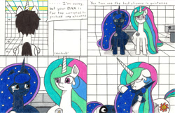 Size: 3394x2193 | Tagged: safe, artist:eternaljonathan, princess celestia, princess luna, oc, oc:nemo, alicorn, pony, comic:a new twist, badge, belly, chubby, comic, crying, fat, guardian, horn ring, royal sisters, science fiction, traditional art