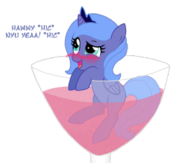 Size: 602x562 | Tagged: safe, artist:flausch-katzerl, princess luna, alicorn, pony, blushing, cup of pony, cute, drunk, filly, glass, micro, new year, s1 luna, solo, underaged drinking, wine, woona, younger