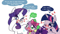 Size: 500x288 | Tagged: safe, artist:panyang-panyang, derpibooru import, rarity, spike, twilight sparkle, dragon, pony, unicorn, blushing, dialogue, female, heart, licking, male, ribbon, shipping, simple background, sparity, speech bubble, spike gets all the mares, straight, twisparity, twispike, wat