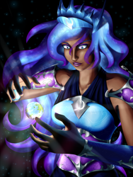 Size: 500x666 | Tagged: safe, artist:7nights, nightmare moon, earth, giantess, glow, humanized, in goliath's palm, macro, solo