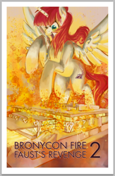 Size: 340x521 | Tagged: safe, artist:dovne, oc, oc:fausticorn, bronycon, burnycon, fire, lauren faust, macro, ponified, poster