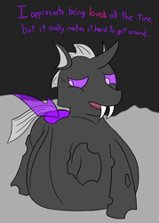 Size: 846x1184 | Tagged: safe, artist:bloatable, oc, oc only, oc:zephyr changewing, changeling, belly, bhm, changeling oc, changeling overfeeding, chunkling, fat, impossibly large belly, male, purple changeling, solo, stuffed