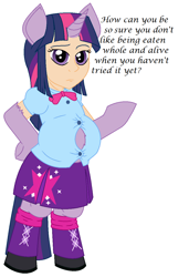 Size: 837x1222 | Tagged: safe, artist:adlaz, twilight sparkle, hybrid, abomination, bipedal, chubby, equestria girls outfit, fat, implied vore, simple background, solo, sphinxlight sparkle, white background