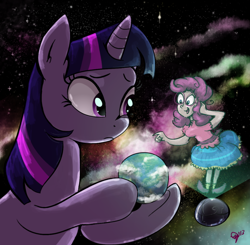 Size: 800x783 | Tagged: safe, artist:uber-tastee, pinkie pie, twilight sparkle, globe, hologram, humanized, macro, mega twilight sparkle, pony bigger than a planet, the cosmos