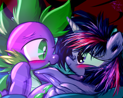 Size: 960x768 | Tagged: safe, artist:frist44, spike, twilight sparkle, twilight sparkle (alicorn), alicorn, dragon, pony, bed, caress, female, male, mare, older, prehensile tail, shipping, straight, twispike, wing hands