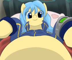 Size: 2400x2000 | Tagged: safe, artist:dudey64, oc, oc only, oc:dusty shelf, pony, fallout equestria, belly, big belly, chubby, dusty's trails, fallout, fat, fat fetish, fatlout equestria, female, fetish, looking at you, mare, offscreen character, pipbuck, pov, solo, vault suit