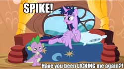 Size: 960x538 | Tagged: safe, edit, edited screencap, screencap, spike, twilight sparkle, twilight sparkle (alicorn), alicorn, dragon, pony, inspiration manifestation, bed, caption, female, male, mare, messy mane, pillow, shipping, straight, twispike