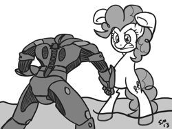 Size: 986x739 | Tagged: safe, artist:serenamidori, pinkie pie, earth pony, pony, crossover, giantess, gipsy danger, macro, monochrome, pacific rim