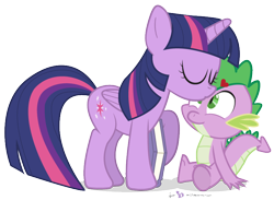 Size: 810x630 | Tagged: safe, artist:dm29, spike, twilight sparkle, twilight sparkle (alicorn), alicorn, dragon, pony, female, forehead kiss, heart, kissing, male, mare, shipping, simple background, smooch, spikelove, straight, transparent background, twispike